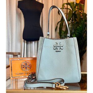 Tory Burch Pebbled Leather Mini Bucket Bag With Detachable Strap In Light Gray